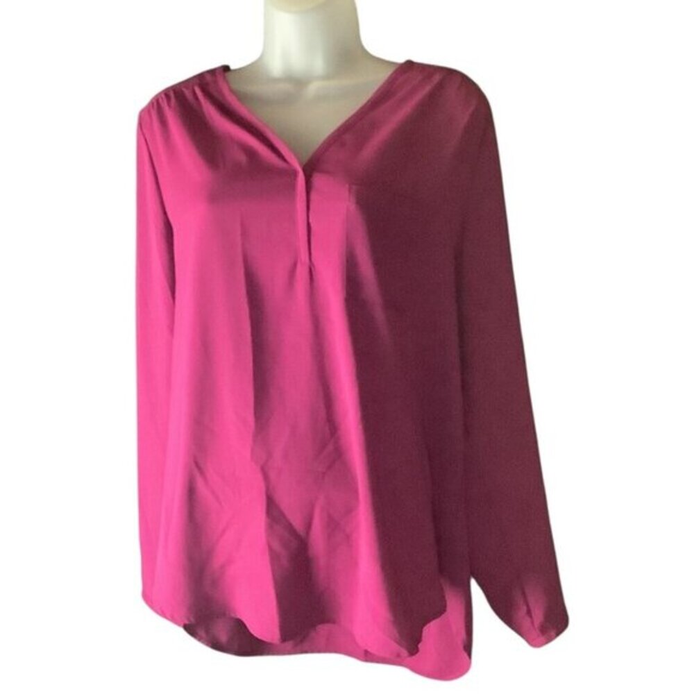 Pleione  Long‎ Sleeve Blouse Womens Large Magenta Polyester V Neck Front Pocket